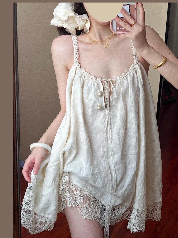 Home Fragrance French - ขนาดใหญ่สไตล์ฝรั่งเศสน้ําหอมขนาดเล็ก Camisole Nightgown สําหรับผู้หญิงในฤดูร้อน, High-end สไตล์เจ้าหญิงหวานลูกไม้ชุดบ้าน