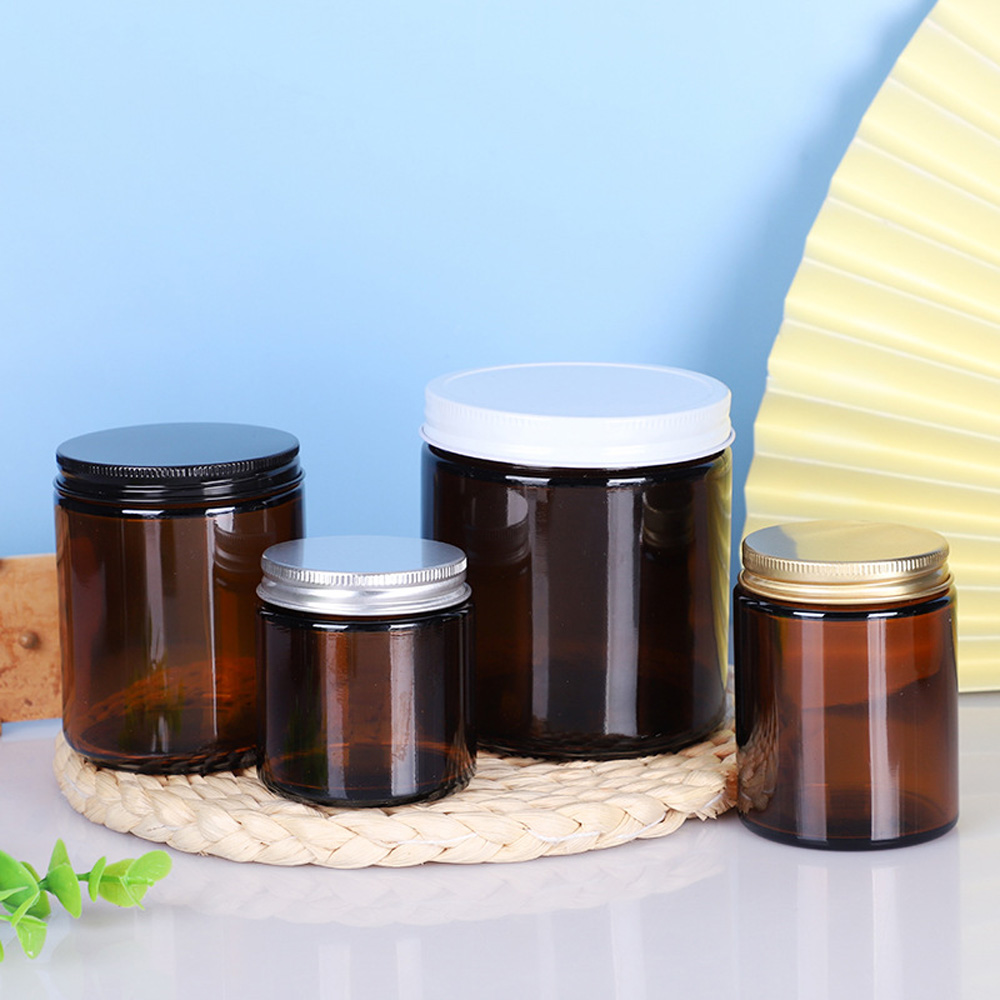 Amber Jar Candle - ถ้วยเทียนแก้วทรงกลมสีน้ําตาลและสีเหลืองอําพันขนาด 250 มล. และขวดเทียนและเชิงเทียนและแท่งเทียนพร้อมฝาโลหะอลูมิเนียม