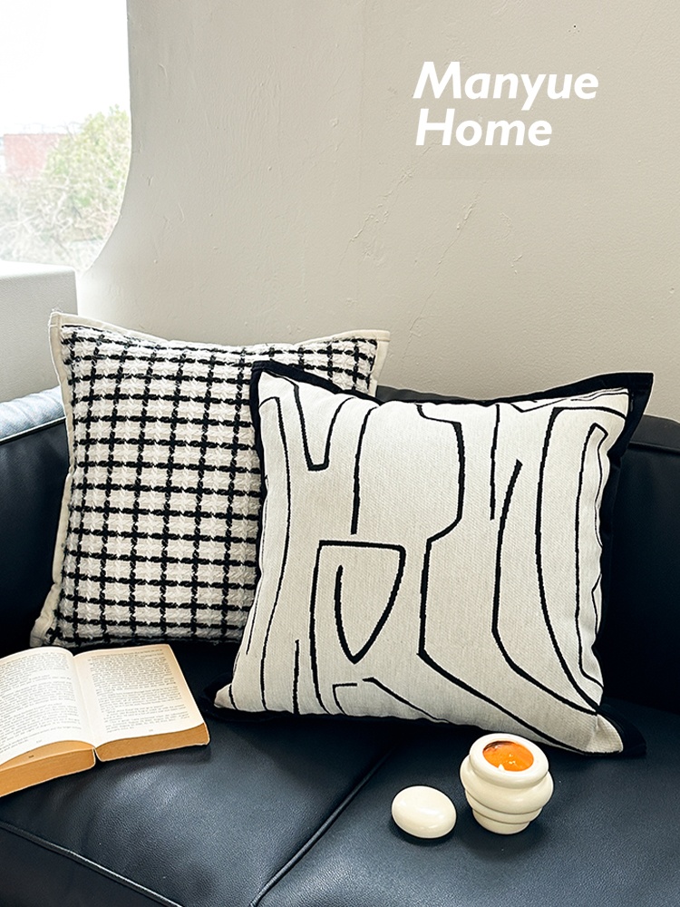 Home Fragrance French - ปลอกหมอนลายตารางขาวดำสไตล์มินิมอล สำหรับตกแต่งห้องนั่งเล่น ปลอกหมอนอิงพนักพิงแบบไม่มีไส้หมอน สไตล์ฝรั่งเศส ตกแต่งบ้าน