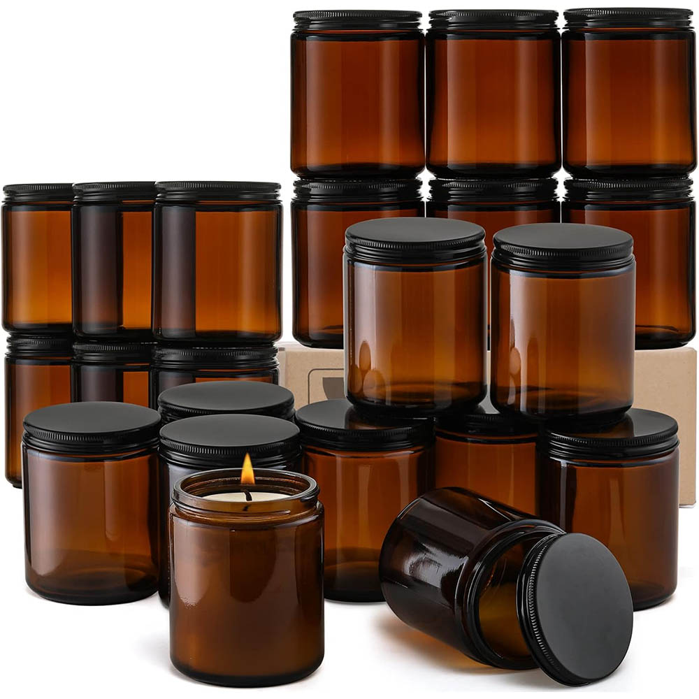 Amber Jar Candle - ขวดแก้วสีอำพันขนาด 8 ออนซ์ พร้อมฝาสีดำ - สำหรับทำเทียน,