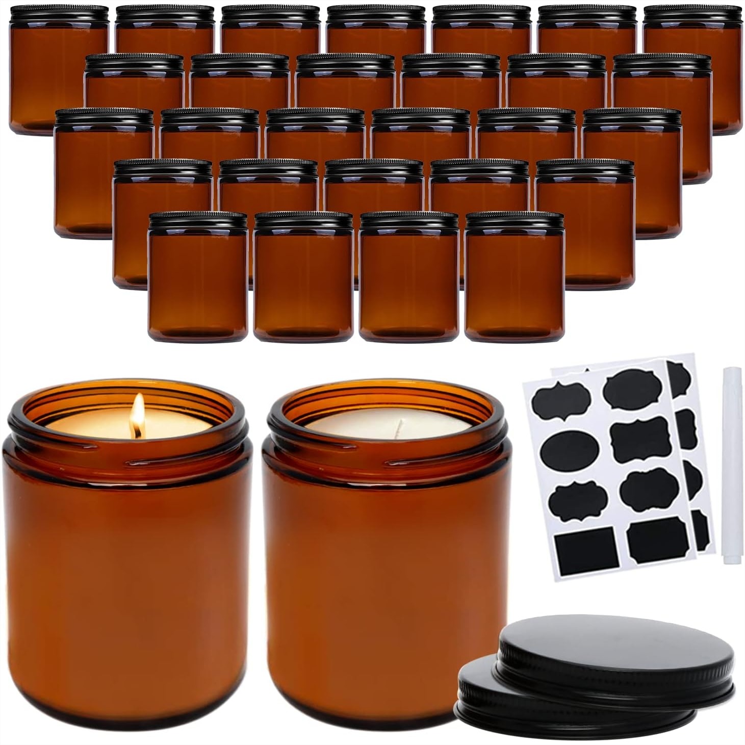Amber Jar Candle - ขวดแก้วสีอำพันขนาด 8 ออนซ์ 30 ชิ้น พร้อมฝาสีดำ,